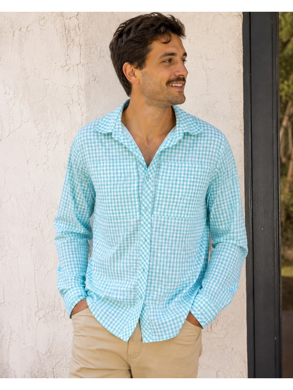 World Wide Sportsman Aqua Gingham Long Sleeve Shirt – Men’s Medium